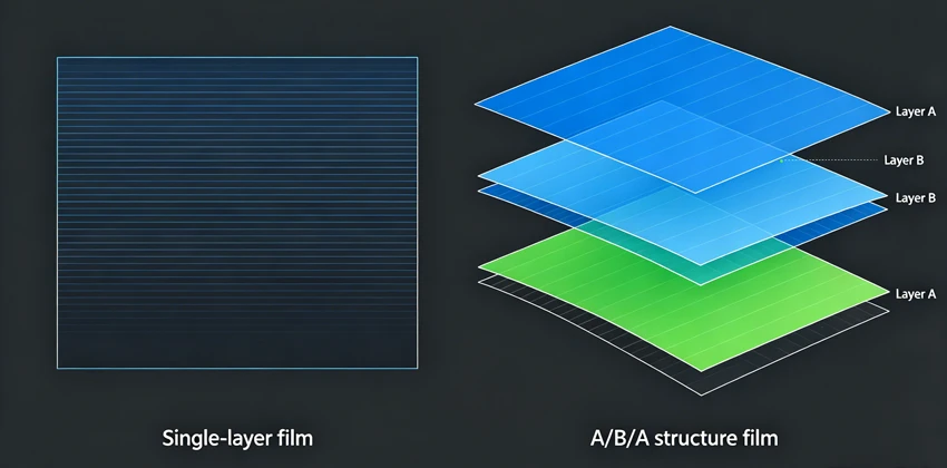 Cross-section comparison of single-layer vs A/B/A structure film